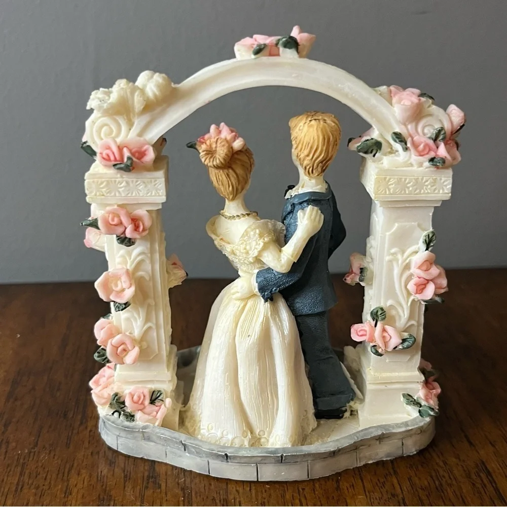 Vintage wedding cake topper. Romantic Wedding Couple Figurine with Pink Roses